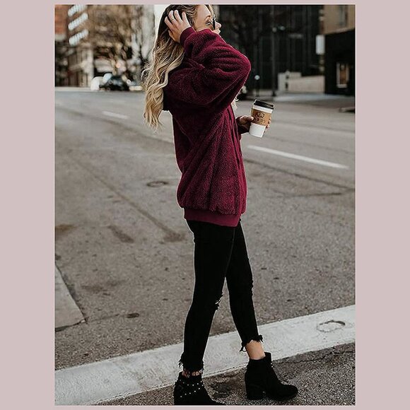 Women's Fuzzy Hoodies Sport Pullover Hoodie Wine Red - Picture 5 of 7